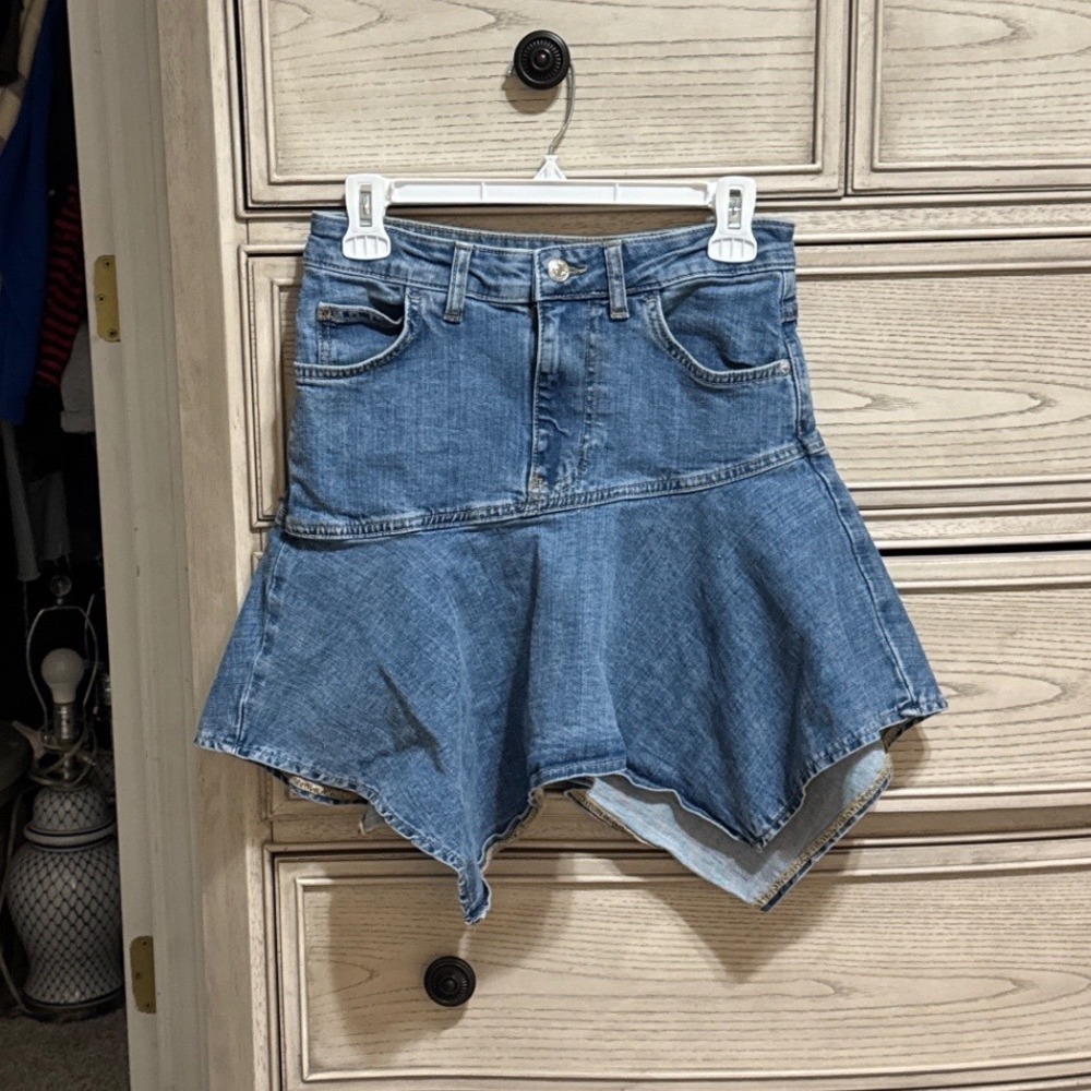 Free People We The Free Denim Ruffle Handkerchief Hem Mini Skirt Blue Size 4